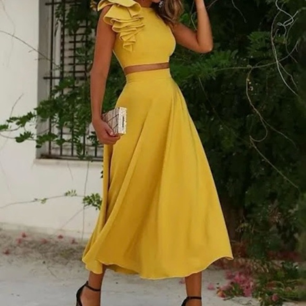 TS Couture 2 Piece Midi Skirt Set Mustard Yellow Cropped Ruffle Top NWT 0 Chic